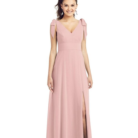 Bow-Shoulder V-Back Chiffon Gown with Front Slit...TH018...Rose....Size 16 - Picture 1 of 6